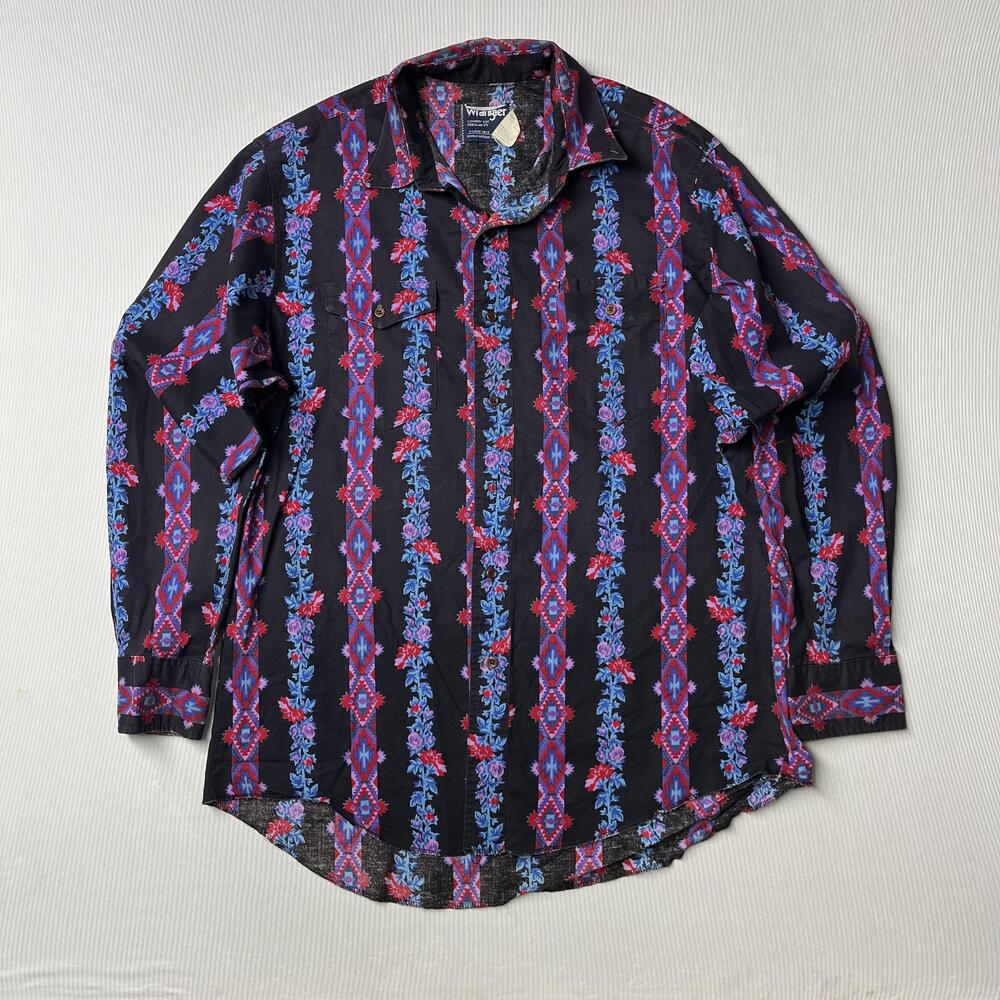 Wrangler Shirt Mens XL Black Floral Aztec Long Sleeve Western Button Up USA